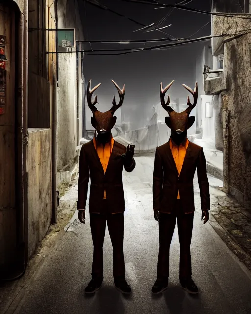 Prompt: artstation scifi scene of two deer - headed suit people, in a chinese town narrow alley, dim lights, long shadows, summer unreal engine 5, hyper realism, realistic shading, cinematic composition, blender render, octane render, hdr, detailed textures, photorealistic, wide shot