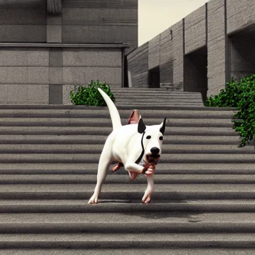 Prompt: bull terrier bounces up stairs rendered in unreal engine