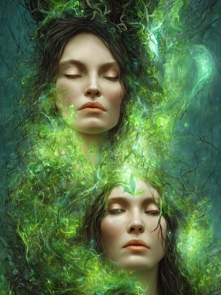 Image similar to an ancient mystical alluring female witch generating flowing energy and surrounded by wisps of green magic sits meditating in a magical overgrown garden temple, face face face, by karol bak, 3 d, cinema 4 d render, trending on artstation