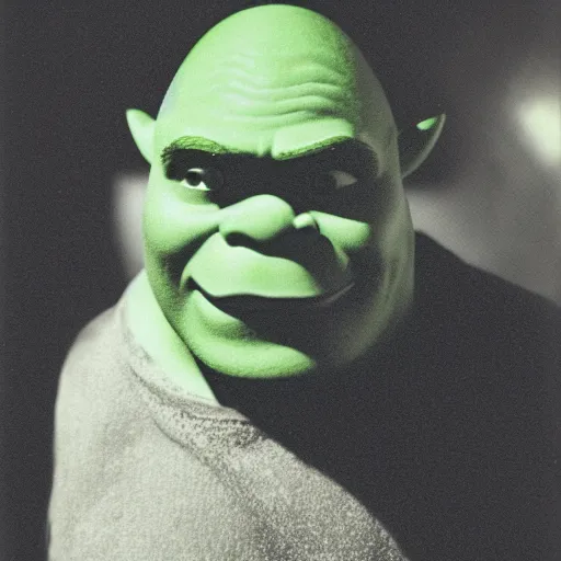 Prompt: A vintage photo of Shrek wearing Jedi robes, foggy, portrait