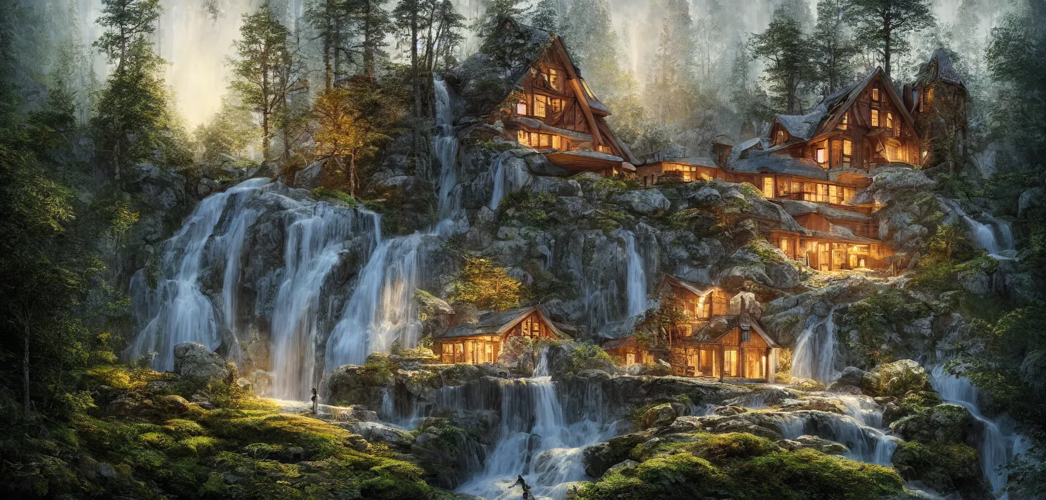 Prompt: beautiful large scandinavian house in the forest on a hill, a large waterfall flows down from the mountain in the background, vwctor art, fabulous, hyper detailed, random cinematic view, no noise, global illumination, warm lighting, volumetric, godrays, vivid, by jordan grimmer