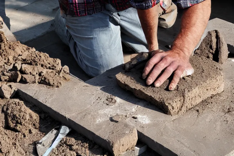 Image similar to a man made of stone, wearing a plaid shirt, working construction