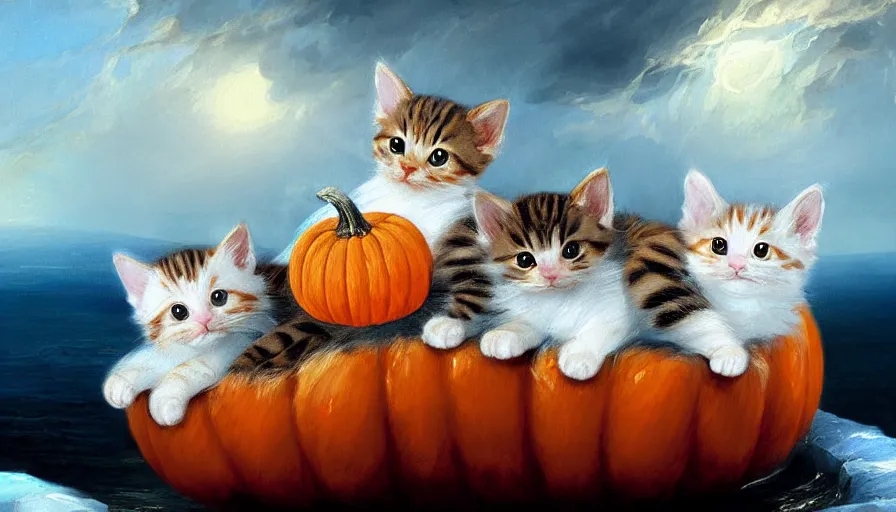 Image similar to highly detailed painting of cute baby furry pumpkin kitty cats on a blue and white iceberg by william turner, by greg rutkowski, by william constable, thick brush strokes and visible paint layers, 4 k resolution