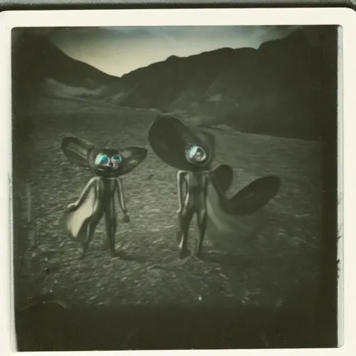 Prompt: polaroid photograph of horrorific alien beings visiting earth, 1 9 5 0