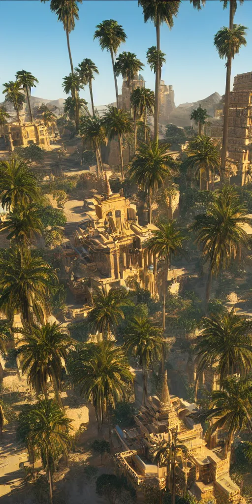 Image similar to eye level view of a golden detailed babylon tower, fantasy, golden hour, photorealism, arid mountains and lush palm forest, unreal engine