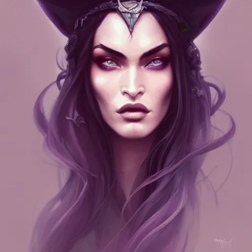 Prompt: an insanely detailed portrait of a beautiful witch that looks like megan fox with long dark purple hair, wearing black witch hat, beautiful expressive detailed eyes, in the style of peter mohrbacher, artgerm, dramatic lighting and composition, octane render, trending on artstation, concept art