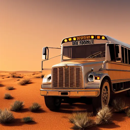 Prompt: silver school bus in the desert by hot springs, sand dunes, sage brush, golden hour, ultra detailed, 8 k, trending on artstation, award - winning art,