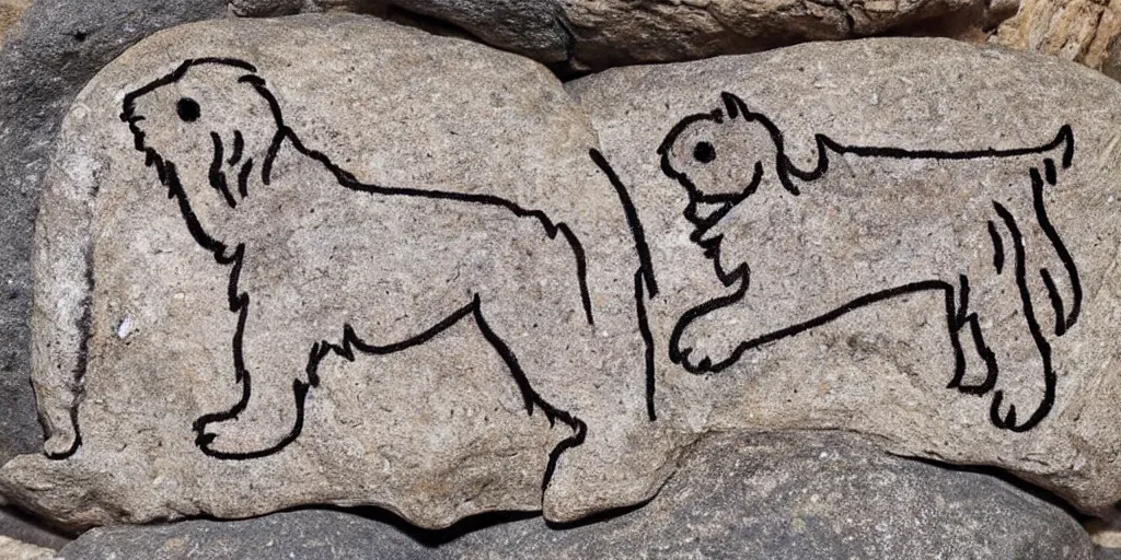 Prompt: A Yorkshire Terrier drawn on the stone of a cave, a petrogliph, art by Pueblan peoples, stone art