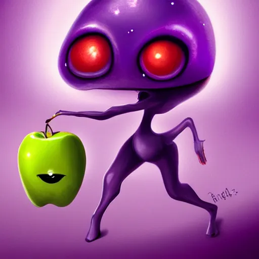 Image similar to a purple alien materializing an apple, digital painting, ultradetailed, artstation, oil painting, ultradetailed, artstation