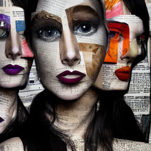 Image similar to a chaotic collage made out of fragments of printed images taken from the internet, fashion magazines, and family photographs all coming together to form hybrid face contour with twisted features in the Dadaesque style, mixed media