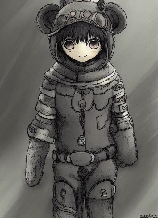 Image similar to beautiful little boy wearing an cyborg bear suit, artwork in kentaro miura and made in abyss and rosdraws, smooth, beautiful lightness, anatomically correct, trending on pixiv, forest