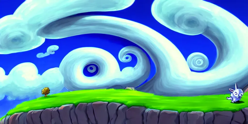 Image similar to cartoon concept art, blue sky spiral clouds, from sam and max