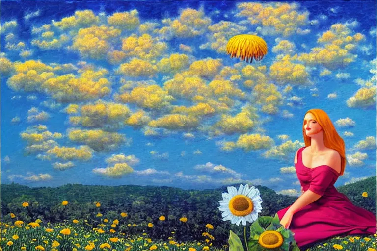 Image similar to giant daisy flower head, woman sitting, surreal, clouds in sky, impressionist painting, digital painting, artstation, rob gonsalves