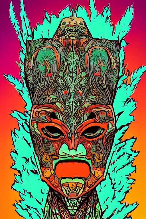 Image similar to animal mask totem roots flower tribal feather gemstone plant wood rock shaman vodoo video game vector cutout illustration vivid multicolor borderlands comics by josan gonzales and dan mumford radiating a glowing aura