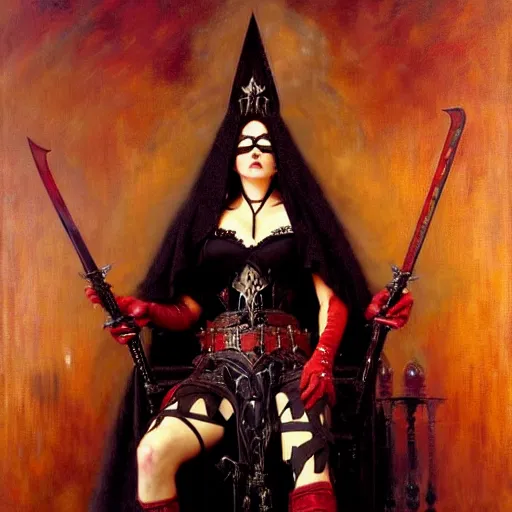 Image similar to full body portrait of red skinned, masked queen in black gothic robes sitting on a throne of swords, elegant, highly detailed painting by gaston bussiere, craig mullins, j. c. leyendecker, 8 k, mid shot