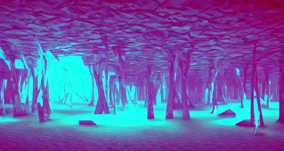 Image similar to 80s vaporwave outrun 3d Render of red deep sea forest, liminal space retro, grainy, noisy