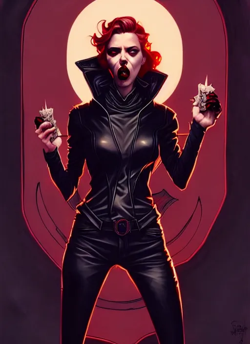 Prompt: rafael albuquerque comic art, art nouveau, peter mohrbacher, artgerm, pretty scarlett johansson vampire sharp vampire teeth open mouth, symmetrical eyes, black leather jacket, jeans, long blonde hair, full body