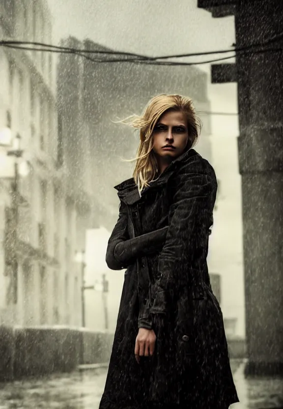 Image similar to cute model annie leonhart posing in dunwall city, beautiful face, detailed face, realistic eyes, cinematic lighting, rainy weather, melancholy atmosphere, volumetric light, gothic architecture, realistic reflections, model agency, instagram photo, depression atmosphere, shot on sony a 7, beauty filter, postprocessing