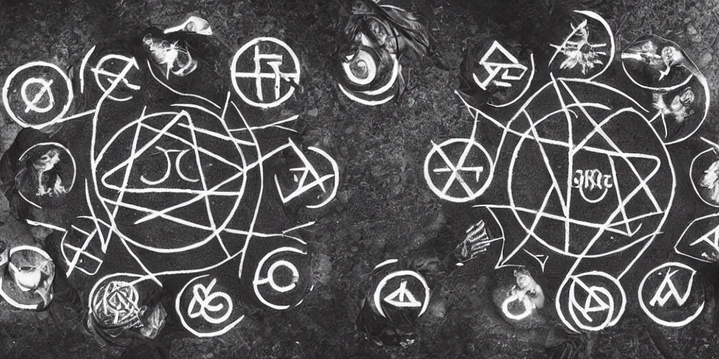 Image similar to group of mages in a circle, wearing hoods, casting a spell, runes surrounding the center, mysterious