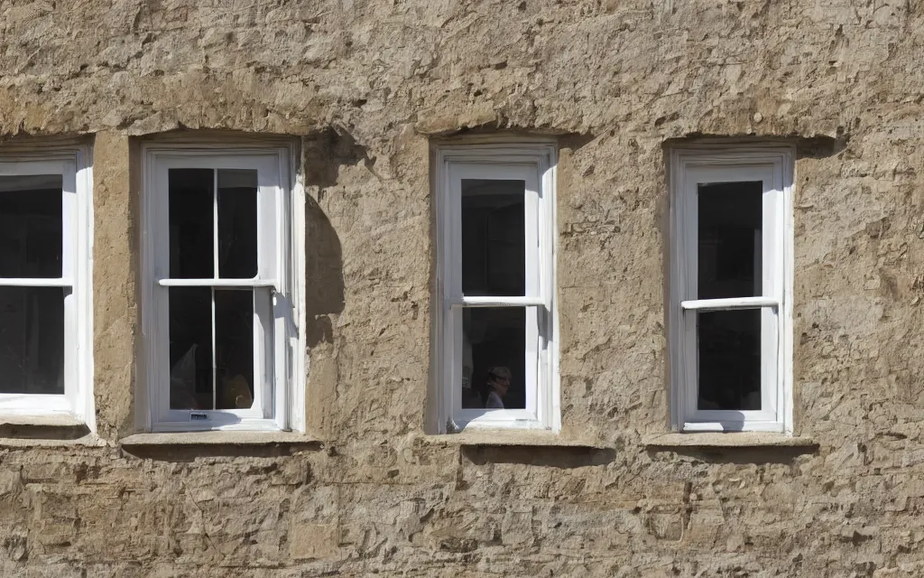 Image similar to single triangular or round sash window on a british wall, surprised and perplexed builders standing in front of it