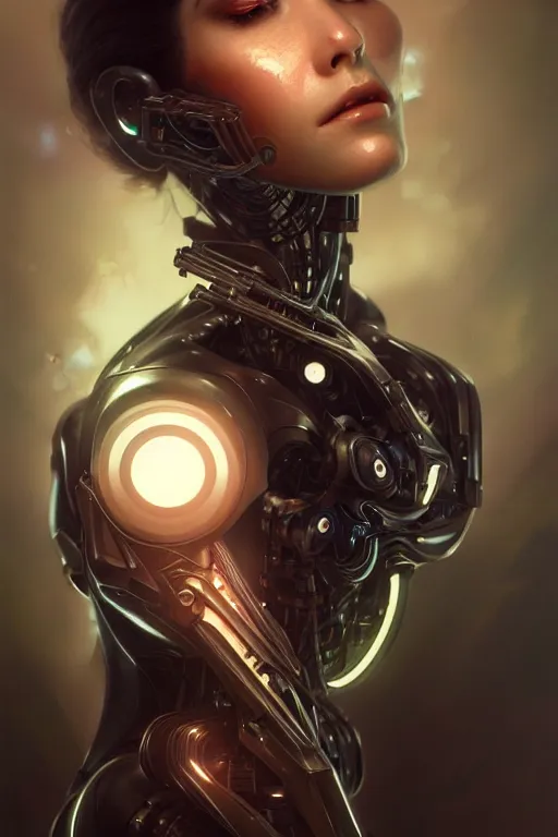 Prompt: an ultra realistic beautiful cyborg woman with eyes-closed, sci-fi, cyberpunk, intricate details, elegant, highly detailed, photorealistic, digital painting, octane render, concept art, eerie, 8k, art by artgerm and craig mullin and alphonse mucha and moebius and paolo roversi and greg rutkowski