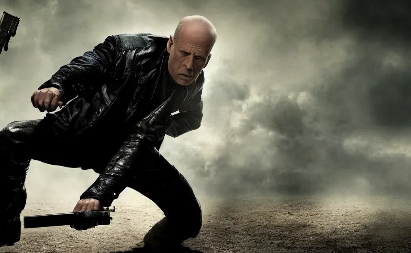 Image similar to photo of bruce willis future vampire hunter, gear up, ultra detailed, movie frame, cinematical composition, 4 k