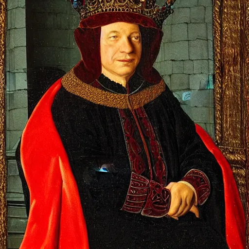 Image similar to A painting of Benjamin Netanyahu sitting in a golden chair wearing a red furred cape and a crown holding a royal ornate rod by Jan Van Eyck