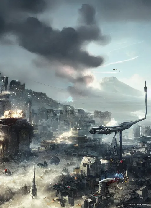 Image similar to hyper realistic squid robot attacking cape town city, table mountain explosions, atmospheric beautiful details, strong composition drawn in ink by kim jung giu weta studio rutkowski, james gurney and greg rutkowski, and lucasfilm