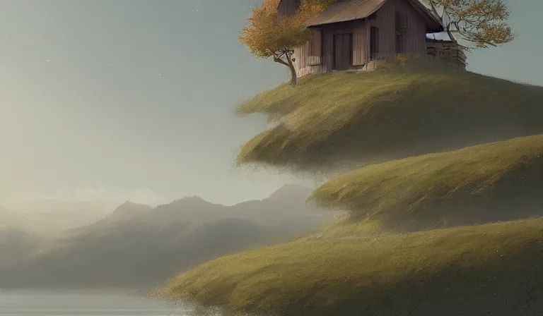 Prompt: A serene landscape with a singular building in the style of trending on cgsociety