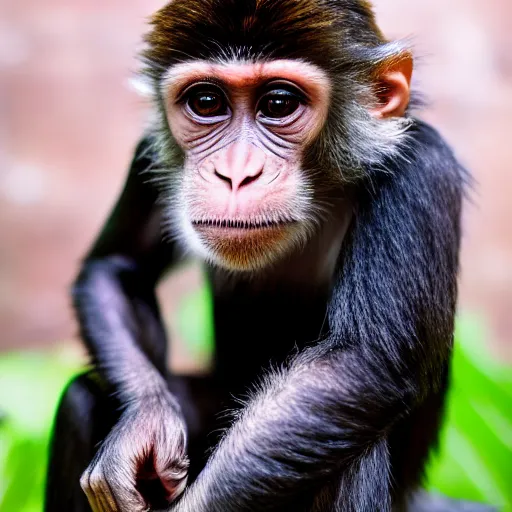 Image similar to high quality portrait of a monkey wearing black suit, studio photograph, photograph, realistic photo, 8k photo, 4k photo, stock photo, high resolution, cinematic shot, high detail