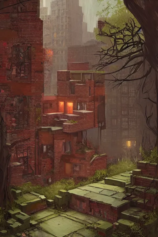 Image similar to (((((a ramshackle Manhattan brick brownstone deep in the forest))))) by Tim McBurnie!!!!!!!!!!!!!!!!!!!!!!!!!!!