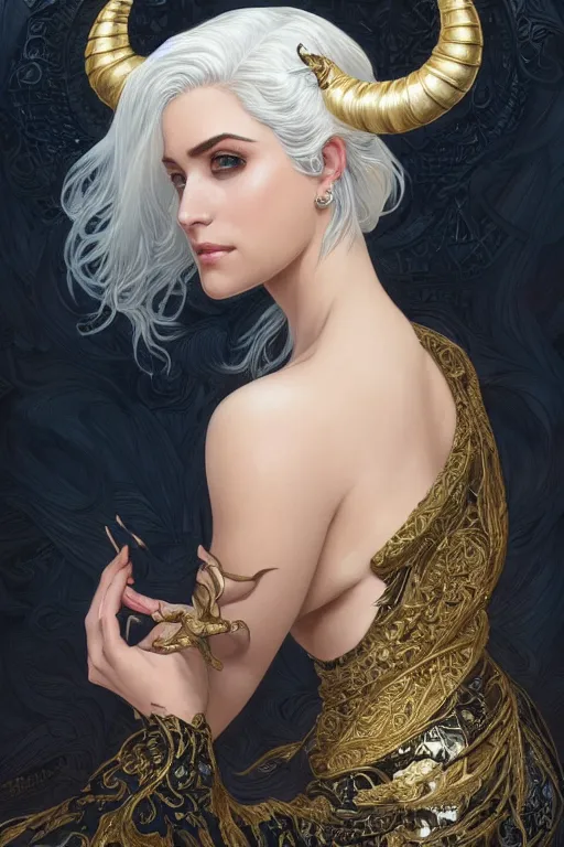 Image similar to fullbody!! of a beautiful woman with white hair, big natural horns on her head, long flowing intricate black lace dress, gold jewellery, dnd, face, fantasy, intricate, elegant, highly detailed, digital painting, artstation, concept art, smooth, sharp focus, illustration, art by artgerm and greg rutkowski and alphonse mucha