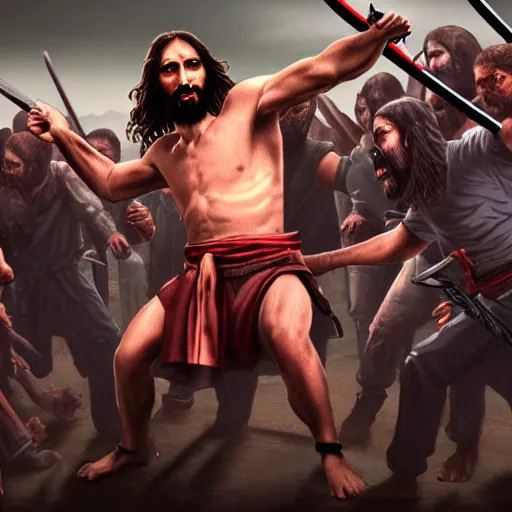 Image similar to jesus christ holding a katana and fighting a horde of zombies, 4 k, high resolution, still, landscape, hd, dslr, hyper realistic