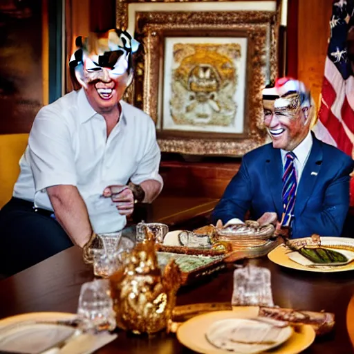 Image similar to Trump and Biden having dinner at a fancy Balinese restaurant, award winning photography, 85mm, perfect faces