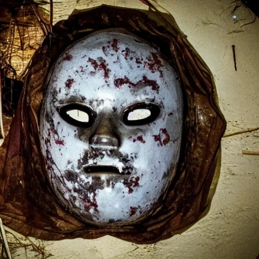 Image similar to found footage of floating mask in abandoned house. grainy creepy, children illustration.