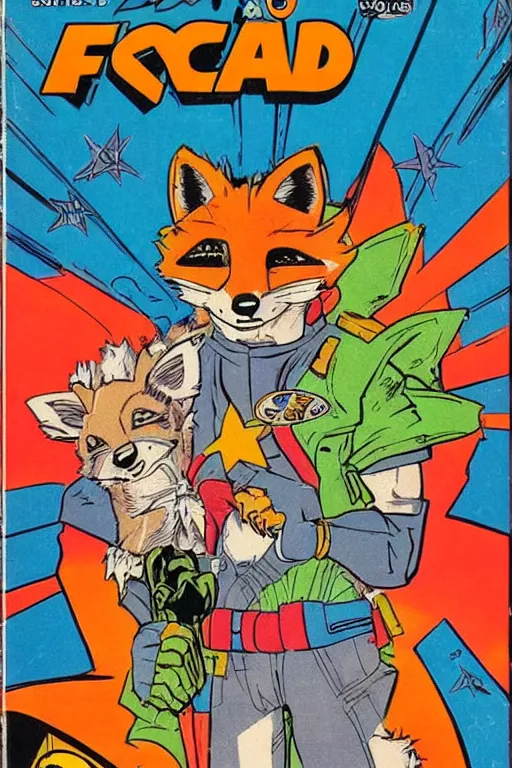 Prompt: 1 9 8 0 s comic book title cover scan, highly detailed professional comic art, featuring a portrait of anthropomorphic fox mccloud from starfox fursona furry fox, in a space cadet outfit, heroic pose, 8 0 s sci - fi comic art