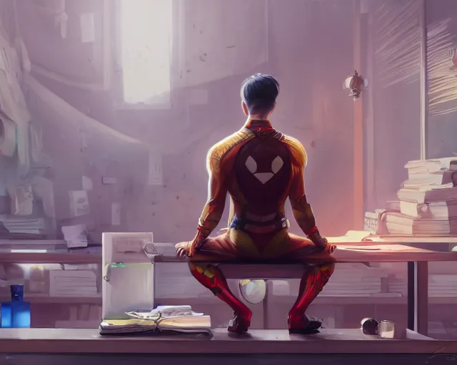 Image similar to an insanely detailed painting of a nerdy asian man wearing a superhero costume, sitting at a desk, staring at the nervously at the computer and typing, in the style of peter mohrbacher, dramatic lighting and composition, octane render, pixar, trending on artstation, concept art, comic book, view from behind