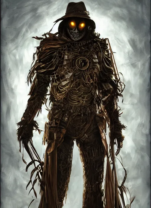 Image similar to powerful male scarecrow, willem dafoe as scarecrow, full body character concept, covered in full metal armor, art nouveau, super powers, fantasy, intricate, elegant, highly detailed, digital painting, artstation, concept art, shining, sharp focus, illustration, art by stanley lau