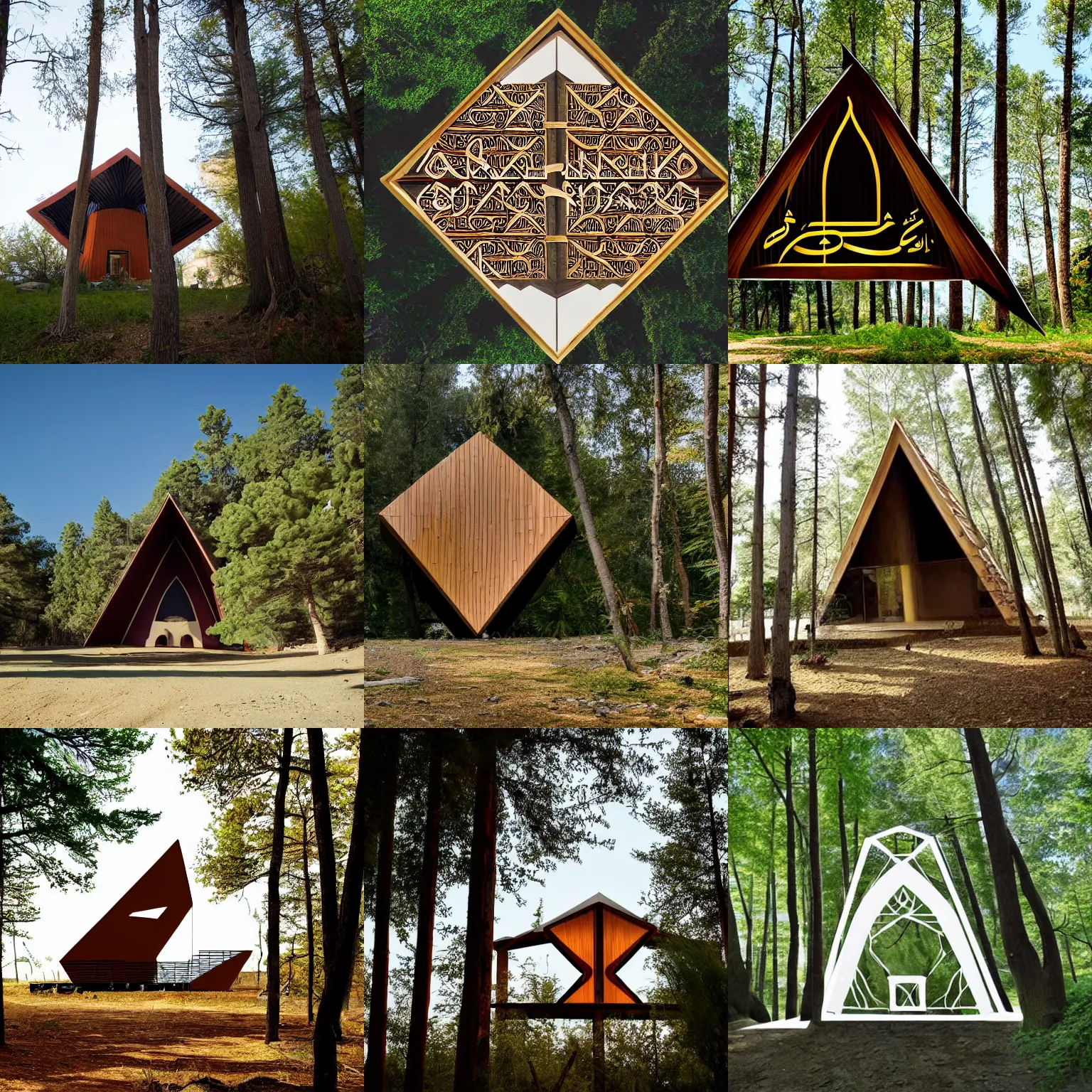 Prompt: arabic calligraphy forming the shape of an a-frame house in the woods