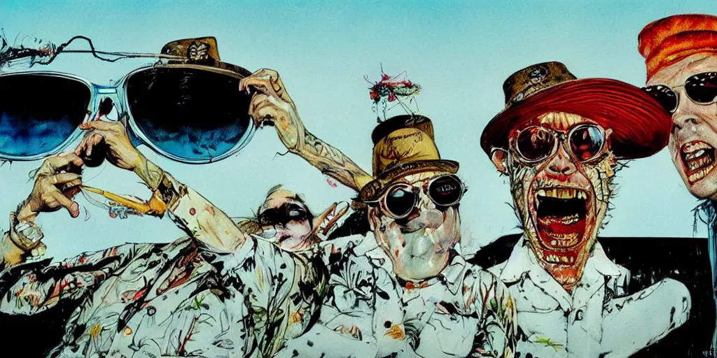 Image similar to fear and loathing in florida, by ralph steadman art in a terry gilliam movie, cinematic frame, hunter s thompson,