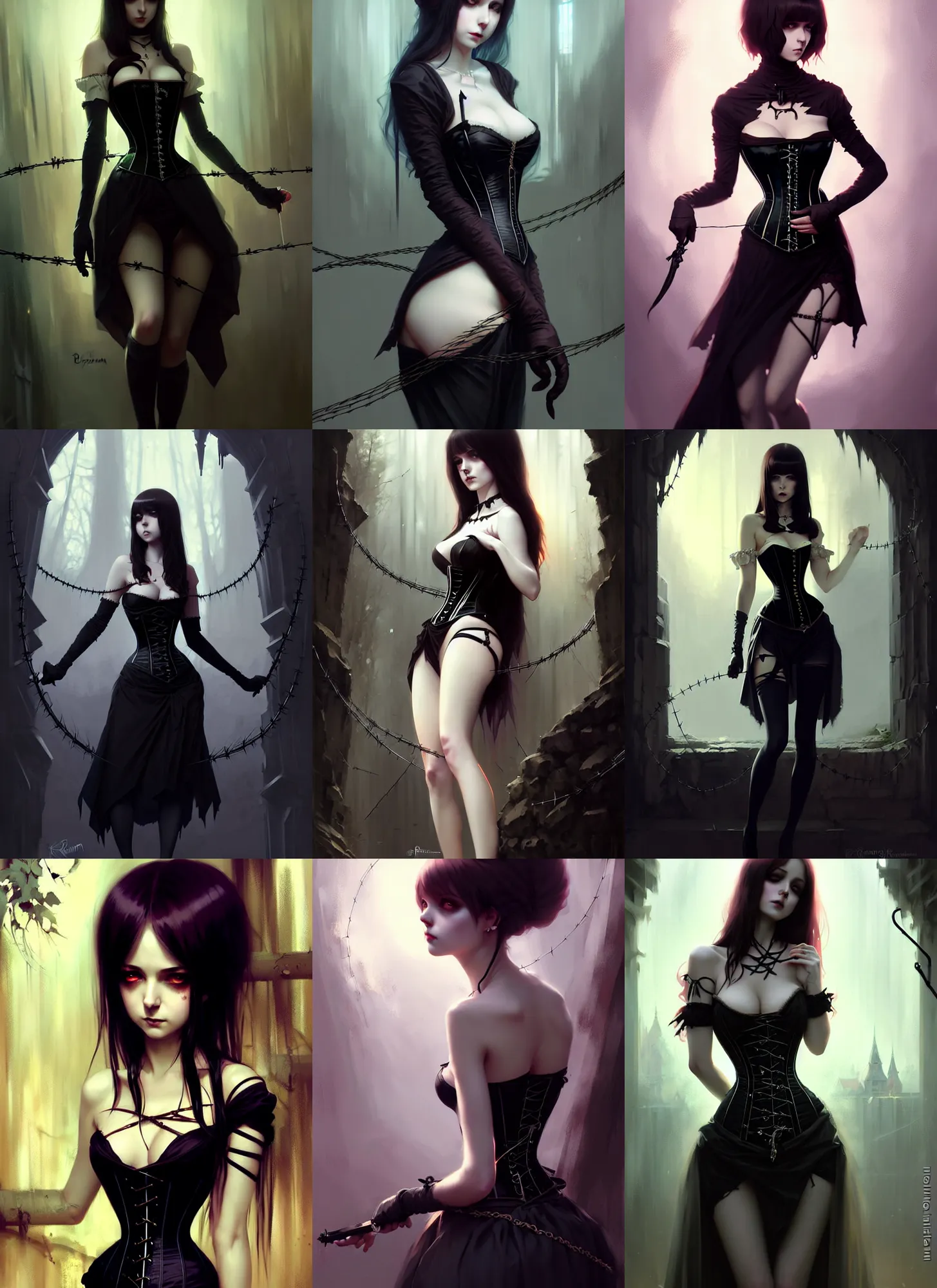 Prompt: an elegant beautiful gothic princess, very strongly wrapped by barbed wire in a dungeon, very tight corset, full body, style of ilya kuvshinov greg rutkowski anna dittmann, masterpiece, very high quality, dark, intricate, high resolution