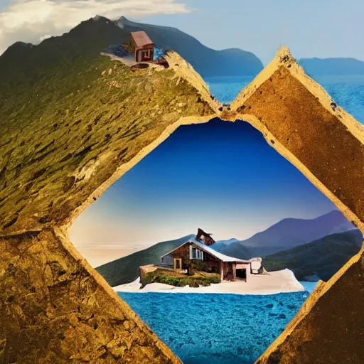 Image similar to a mountain and the sea, a little house in the middle of the sea