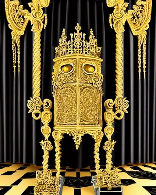 Image similar to royal ornate black ebony throne of realistic detailed owl sanctuary stronghold fortress with golden filigree carved out of ivory, gold royal columns