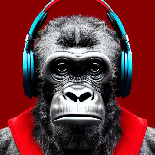 Image similar to a detailed portrait of a cyber punk ape wearing headphones, 8 k