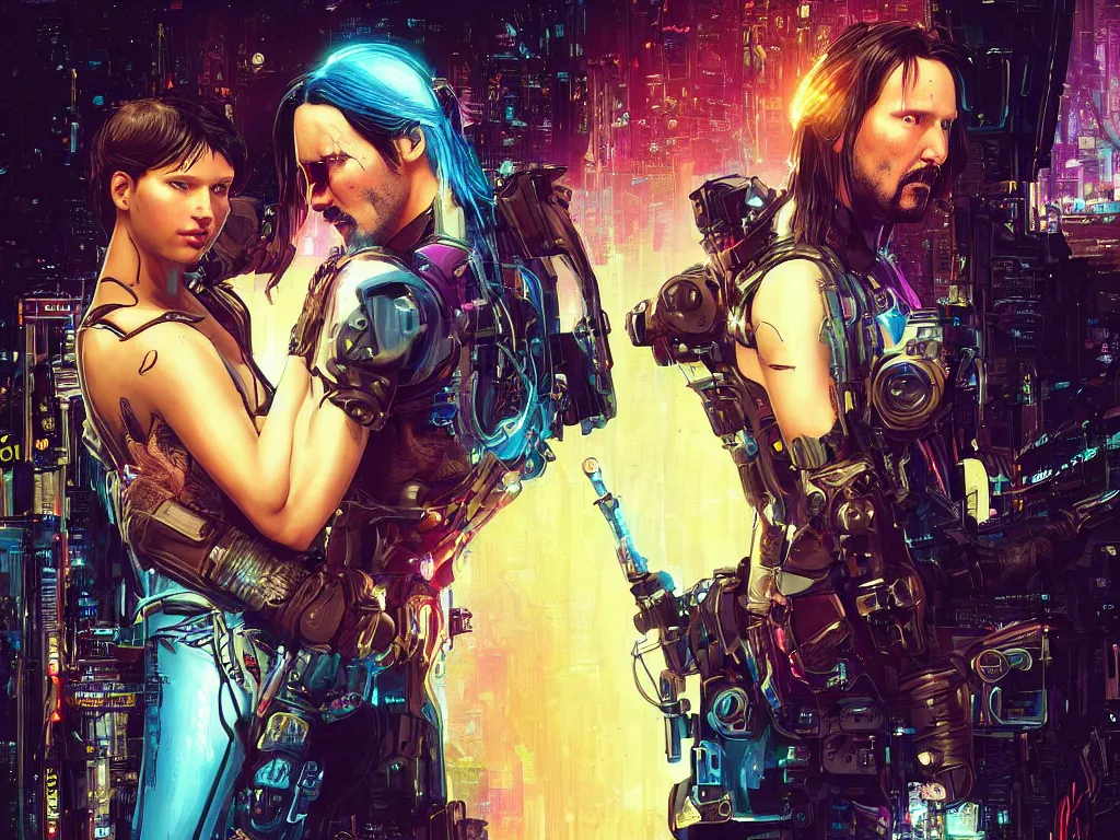 Image similar to a cyberpunk 2077 instagram couple portrait of a Keanu Reeves and a female android final kiss,love,film lighting,by Laurie Greasley,Lawrence Alma-Tadema,Dan Mumford,John Wick,Speed,Replicas,artstation,deviantart,FAN ART,full of color,Digital painting,face enhance,highly detailed,8K,octane,golden ratio,cinematic lighting