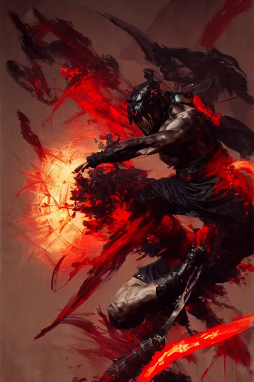 Image similar to a demonic ninja warrior, painting by geg ruthowski, alphonse murac, craig mullins, ruan jia, wlop, yoji shinkawa, collaborative artwork, exquisitely high quality and detailed