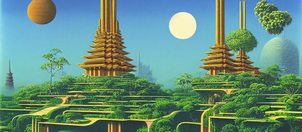 Image similar to huge gargantuan angular dimension of pagoda liminal spaces, temples by escher and ricardo bofill. utopian singaporean landscape by roger dean. magical realism, surrealism, lush sakura trees, waterfalls, thunder, lightning, vaporwave, trending on artstation, shot from below, epic scale