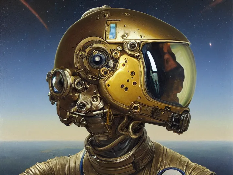 Image similar to a detailed profile oil painting of pilot in a spacesuit with reflective visor, flight suit, portrait symmetrical and science fiction dieselpunk theme with aurora lighting by beksinski carl spitzweg and tuomas korpi. baroque elements, full-length view. baroque element. intricate artwork by caravaggio. Trending on artstation. 8k