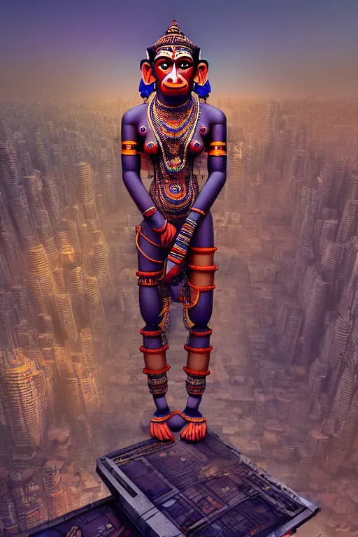 Prompt: high quality 3 d render very cute cyborg!! hanuman! madhubani, highly detailed, cyberpunk mumbai in the background, unreal engine cinematic smooth, in the style of solaris, hannah yata charlie immer, moody light, low angle, uhd 8 k, sharp focus