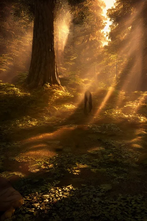 Prompt: Beautiful enchanted forest with a sinister monster hiding in the shadows. Epic lighting. God rays. Golden hour. 28mm f/1.2. Dreamy. 8k. Ultra HD. Octane Render. V-Ray. Unreal engine 5. Hyper realism. Realistic.